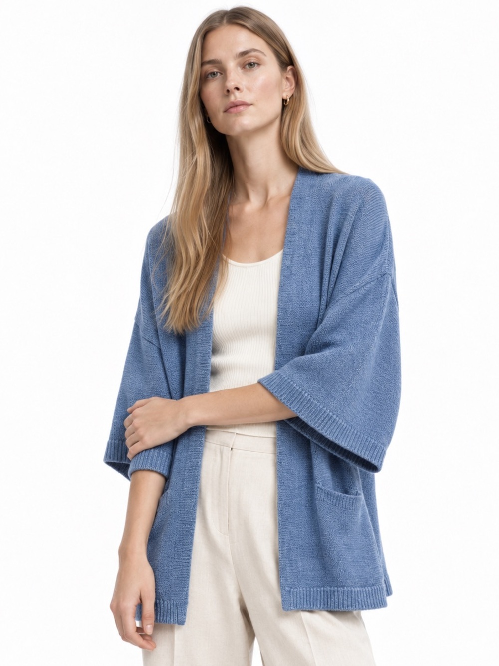 Massimo Dutti Blue 100% Linen Open Front Cardigan Kimono Sweater Size L